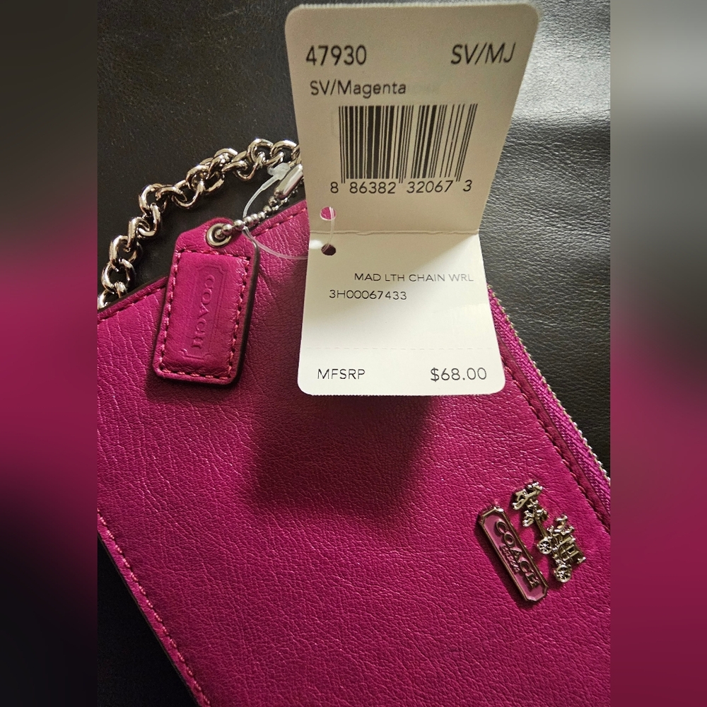 Coach Magenta Leather Slim Wristlet Clutch with silver chain New with Tags - Picture 13 of 14